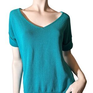 Massimo Dutti Teal Top V-Neck Knit Sweater/Short Sleeve